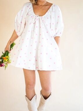 Peach Love California White Mini Dress with Pink Polka Dots (oversized)